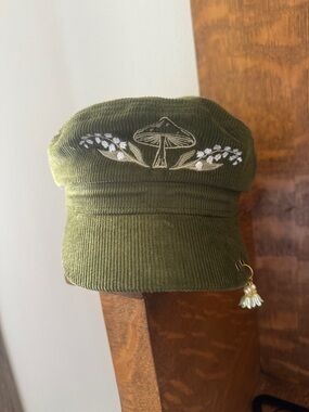 Hot Topic Olive Green Corduroy Baker Boy Hat with Mushroom Embroidery